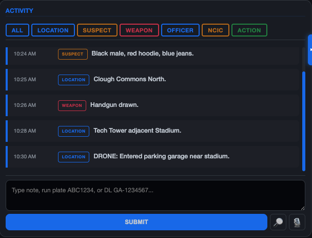 Activity stream with color-coded tags and timestamped entries