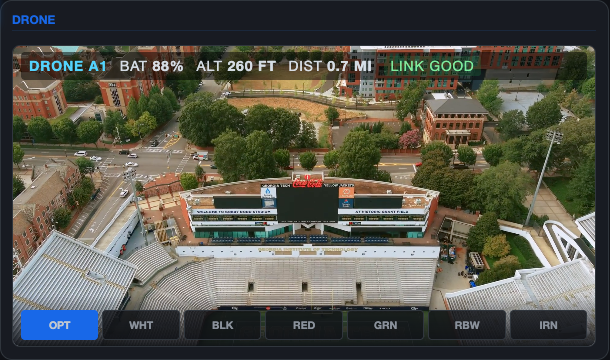 Live drone feed with HUD overlay and thermal palette selector