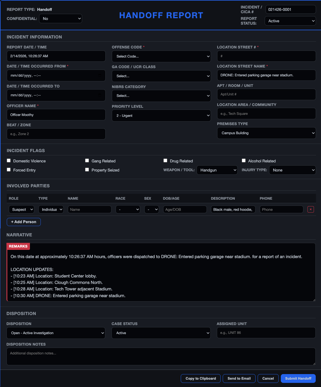Handoff report with incident summary and actions