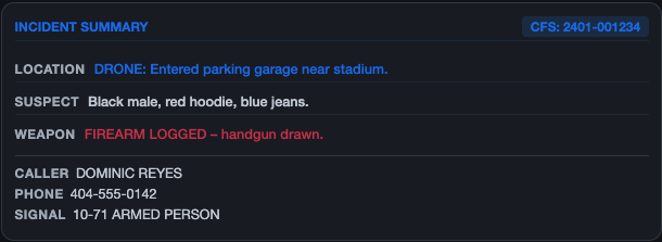 Primary incident card with location, suspect, weapon information