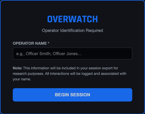OVERWATCH login screen with operator identification