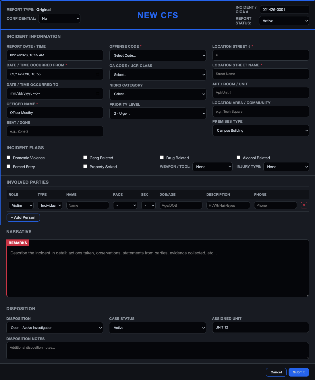 Officer-initiated call creation form with incident details