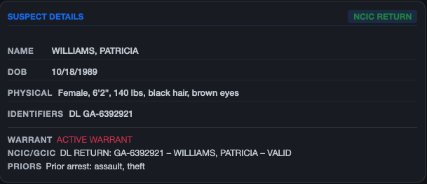 Suspect panel with NCIC query results and warrant status