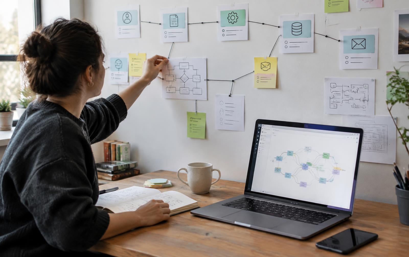 A workflow automation being mapped by hand and on screen