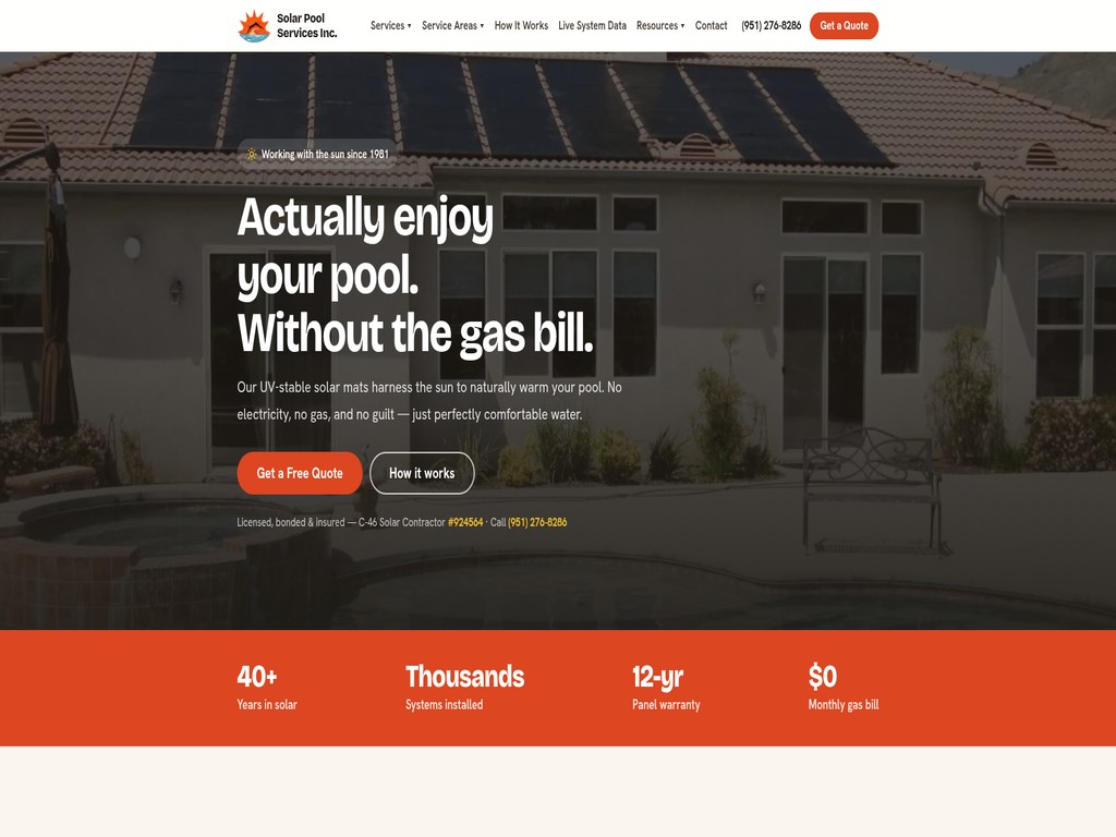 Solar Pool Services website after