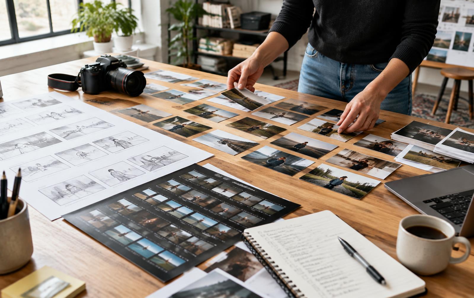 Photographs and storyboards being sequenced for a content system