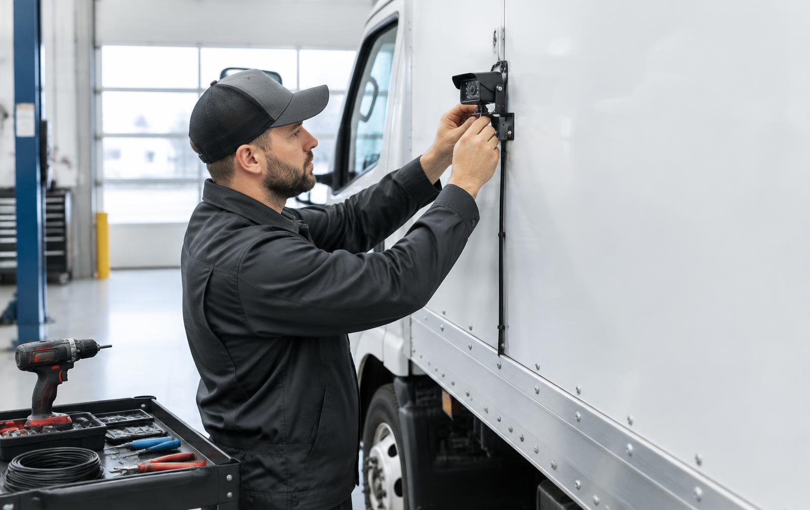 Technician installing a camera on a box truck