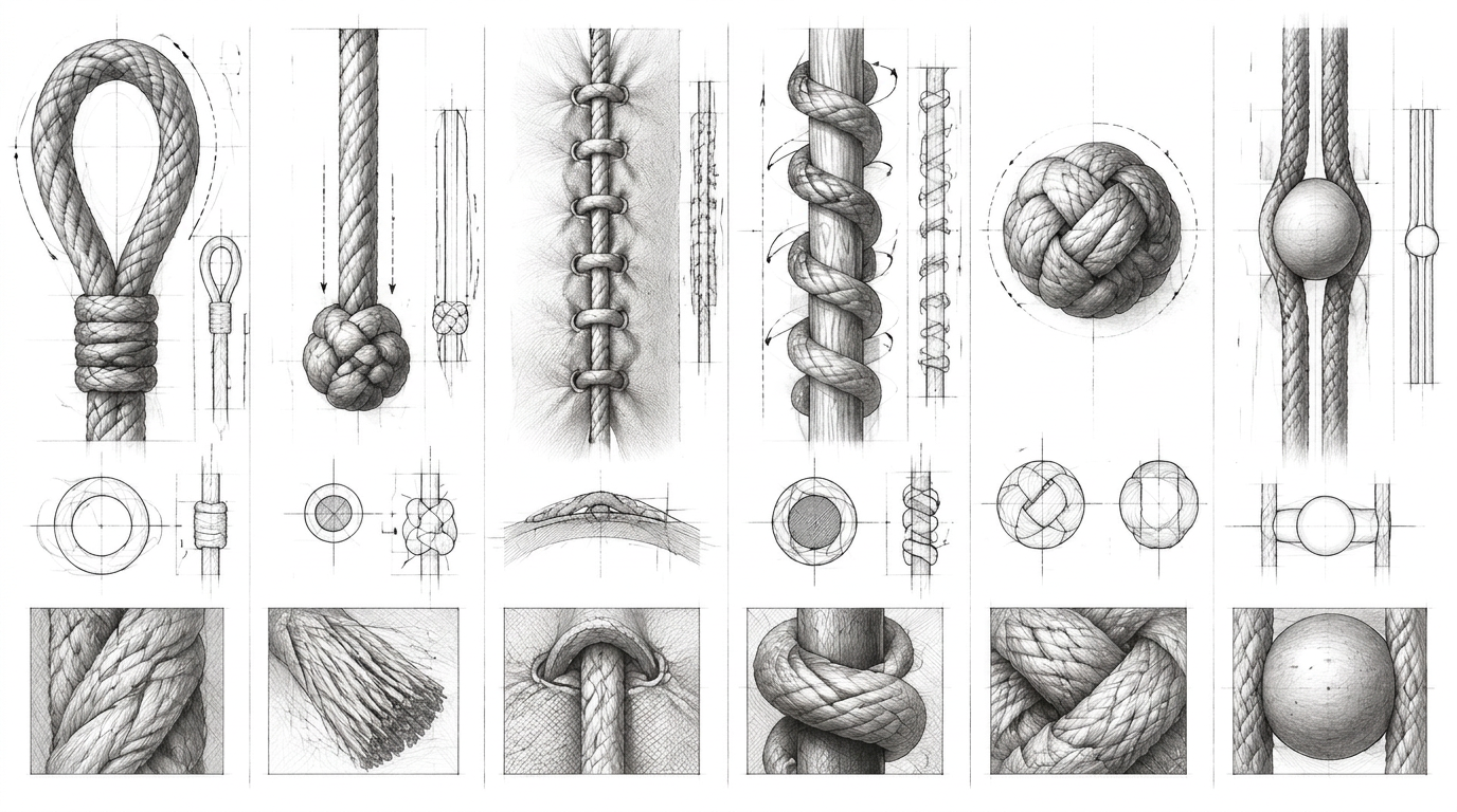 Black-and-white construction study of knot primitives: loop, tail, ridge, spiral, node, and suspended bead, with cross-sections and detail studies