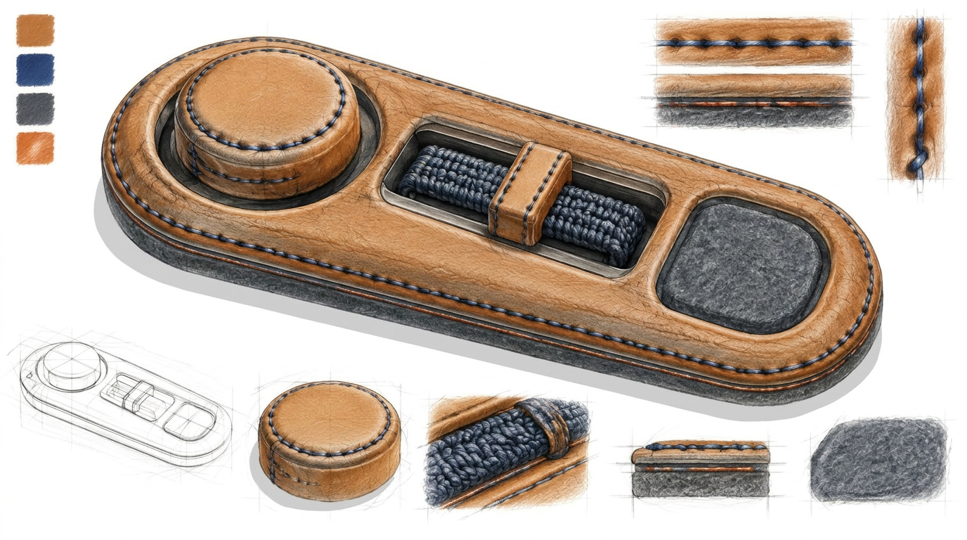 Colored process drawing of a leather console control cluster with a stitched dial, a woven slider, and a recessed pad