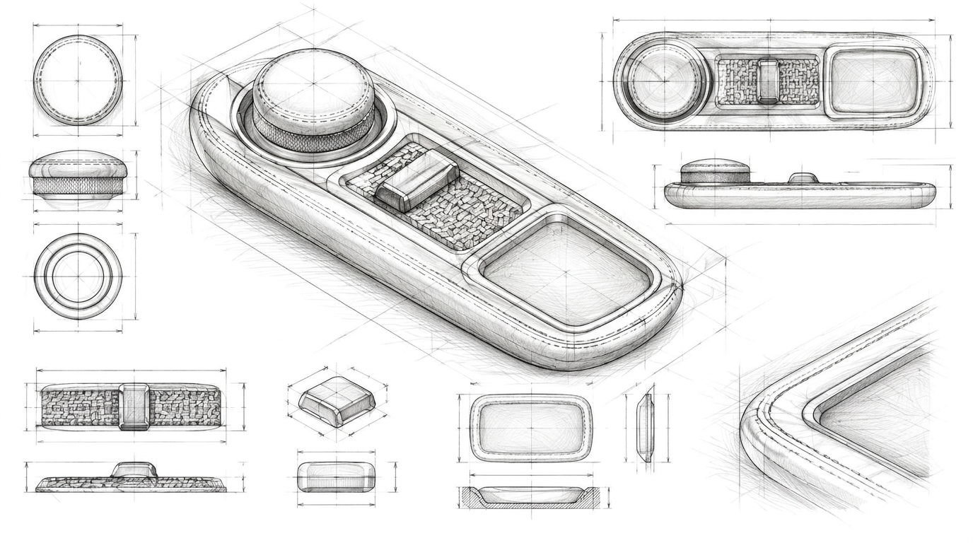 Wireframe process drawing of the console control cluster with construction lines and orthographic views