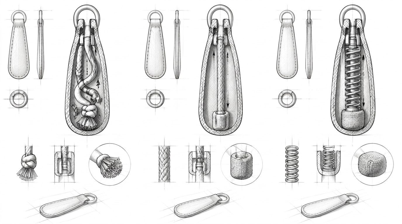 Cutaway process drawing of three identical leather pull tabs concealing a slack cord, a progressive elastic cord, and a firm spring with a textile-covered stop