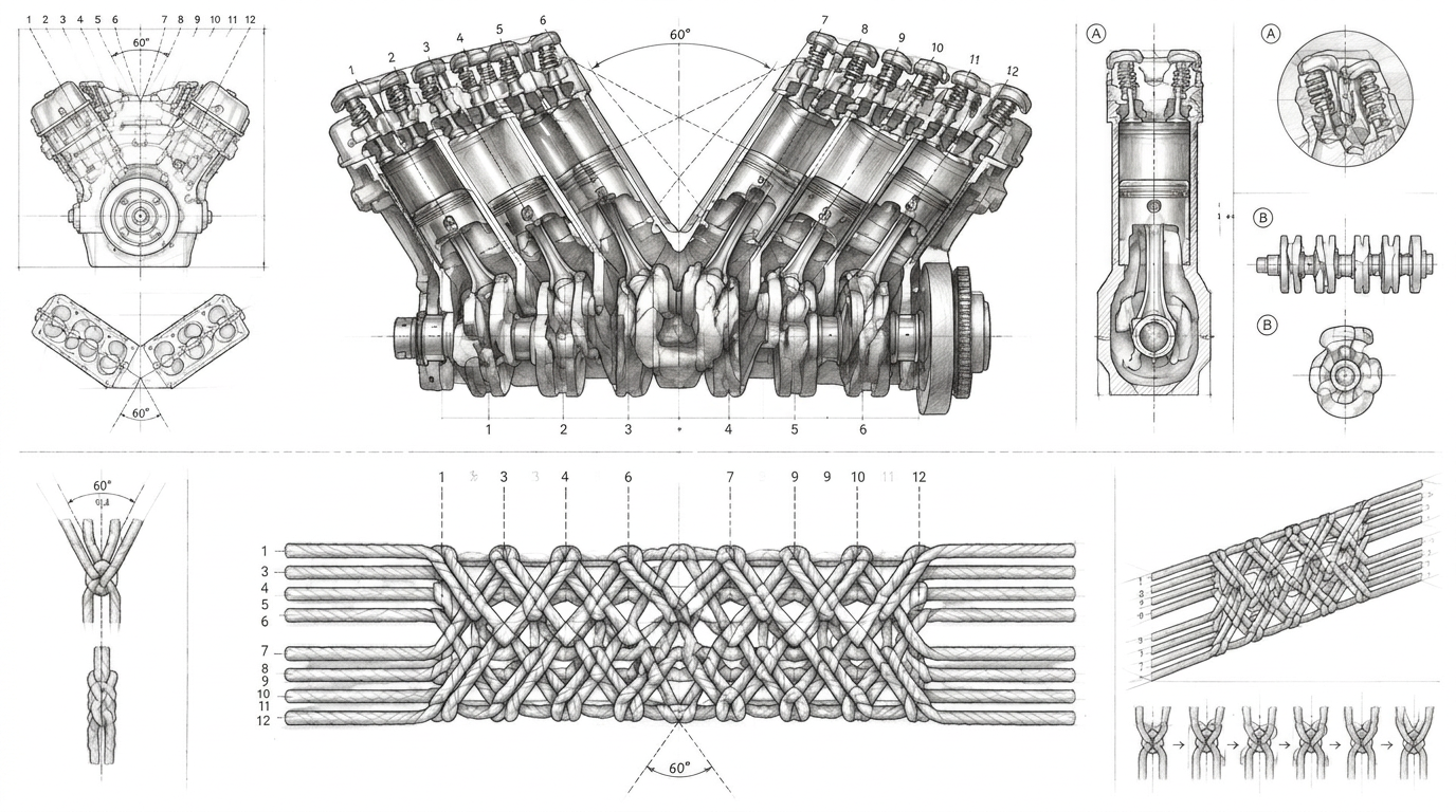 Process drawing of a V12 engine's cylinder banks and crankpin pairing connected by construction lines to a knotted panel whose twelve cords cross in six V-shaped intersections