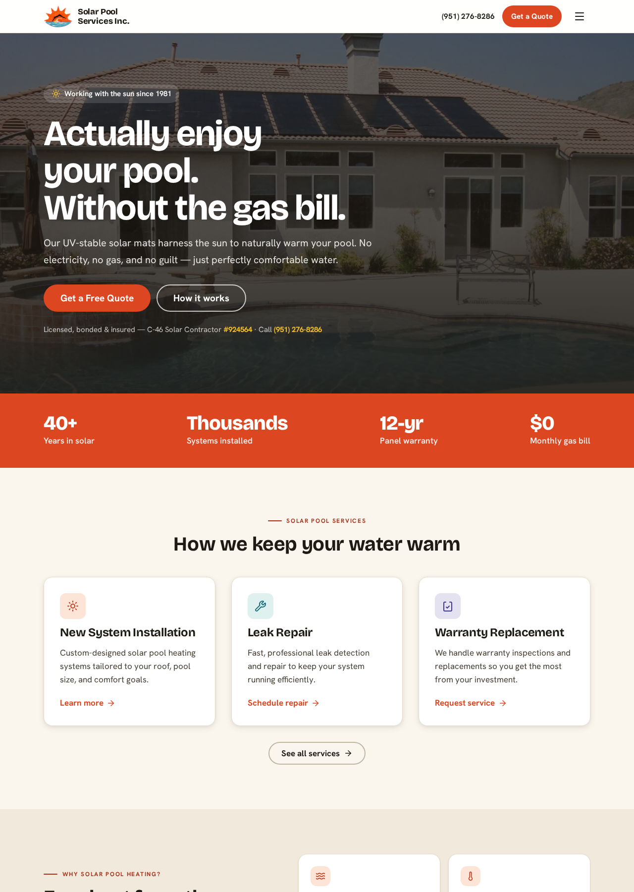 Solar Pool Services Inc. website header and hero section